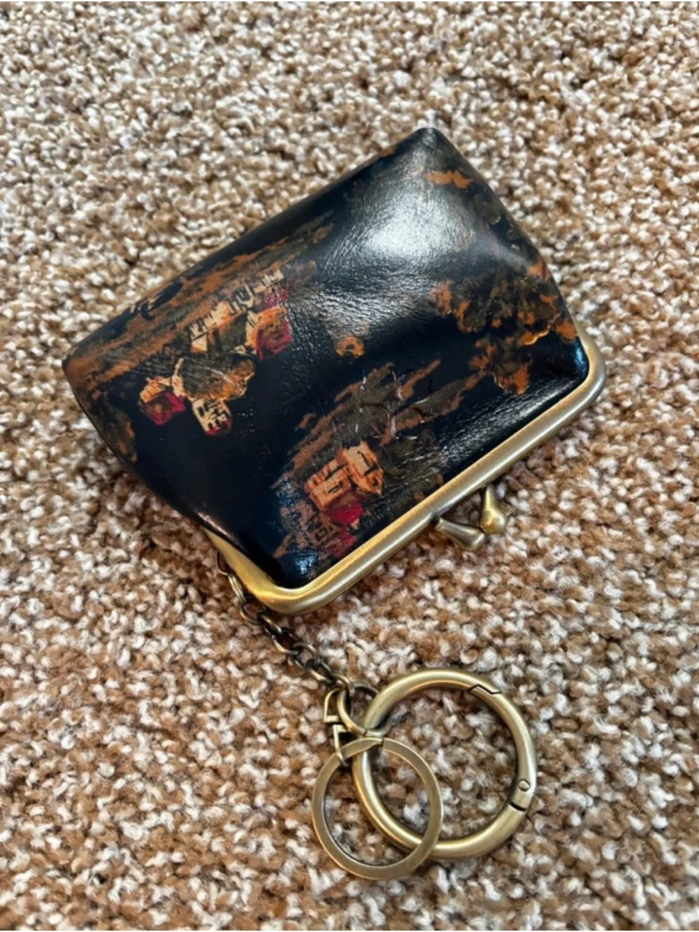 Patricia Nash Black Multi Print Leather Coin Purse Keychain